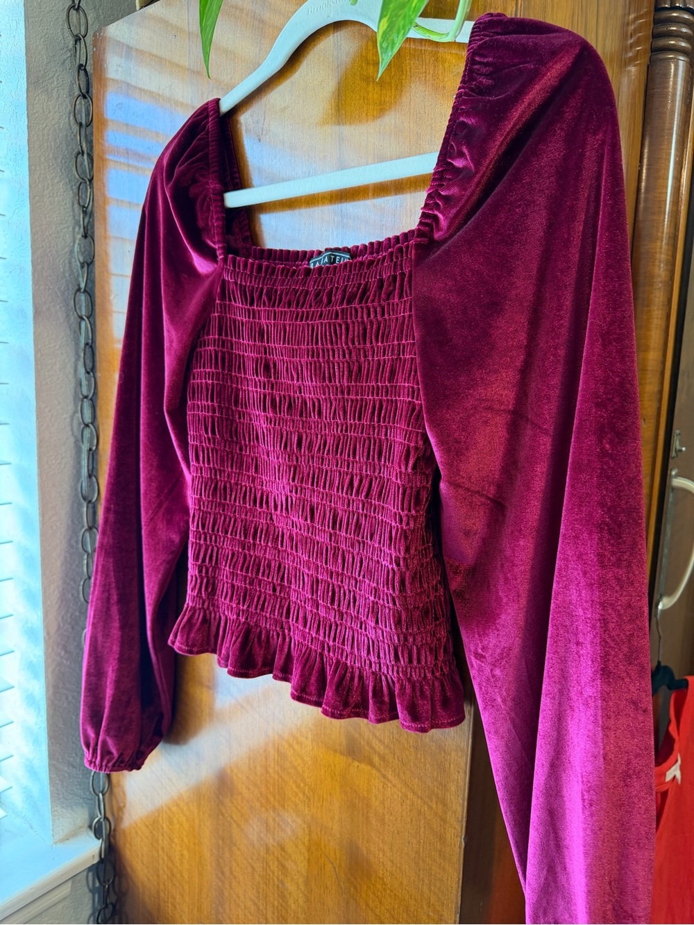 Bagatelle Collection Burgundy Velvet Smocked Puff Sleeve Top Size Small